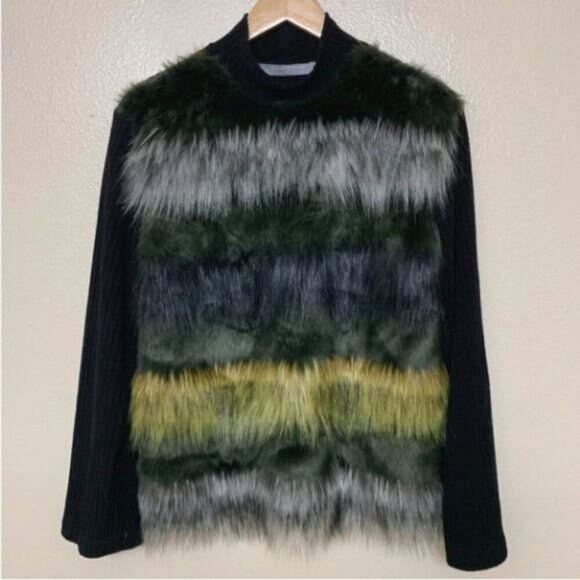 Clover Canyon Women's Color Block Knit Sweater Top Faux Fur Long Sleeves Black - Picture 2 of 8